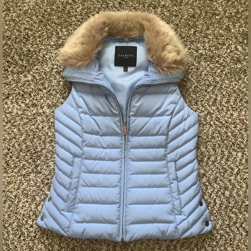 Talbots baby blue puffy vest with faux fur Size  P